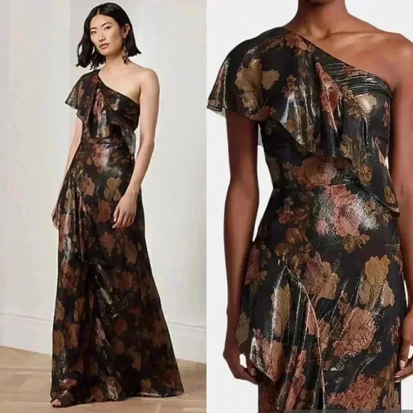Ralph Lauren Collection Chiffon Evening Gown Floral One Shoulder Ruffle Dress 10 - Picture 1 of 13